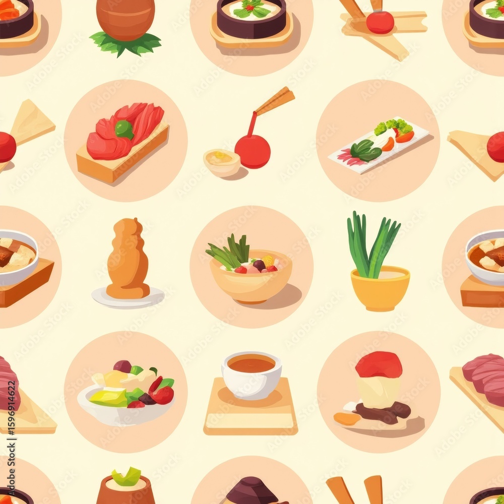 Poster seamless pattern various japanese food items arranged circular pattern light pink background food it