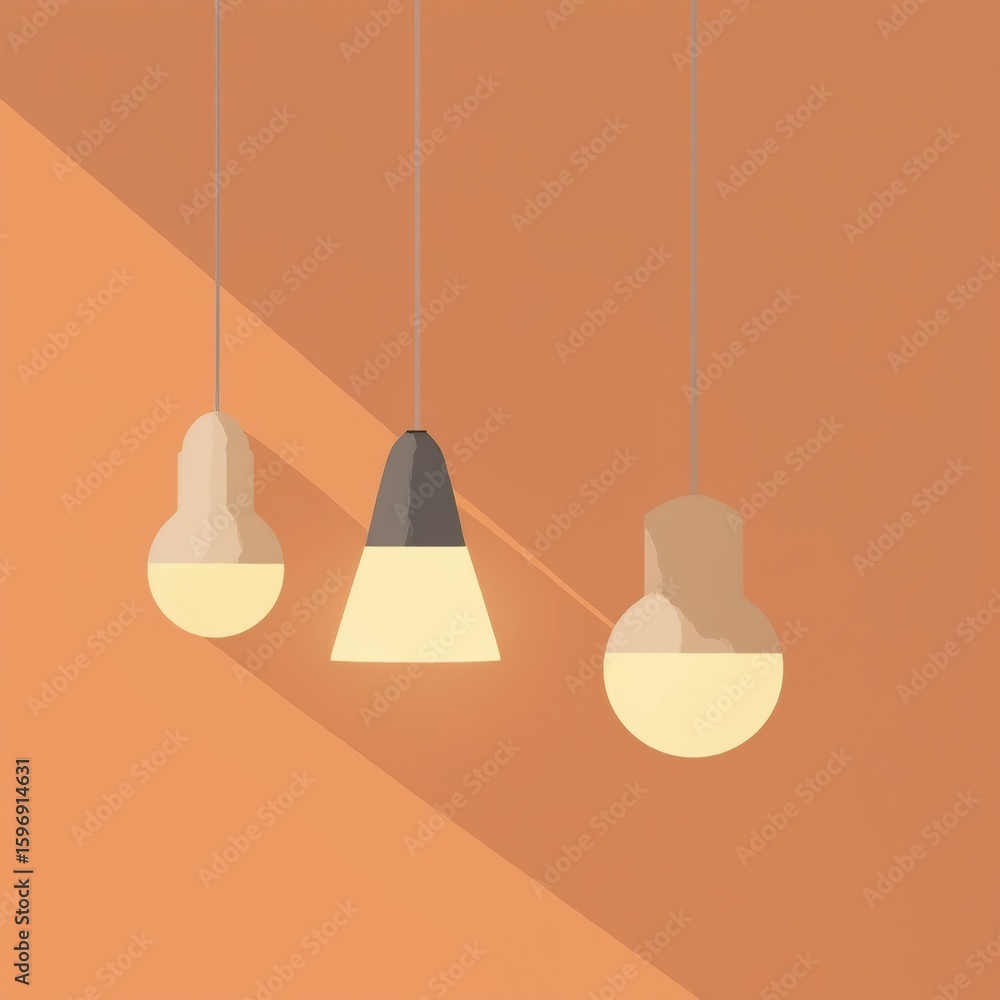 Poster three light bulbs hanging strings against orange background bulbs different sizes shapes one being l