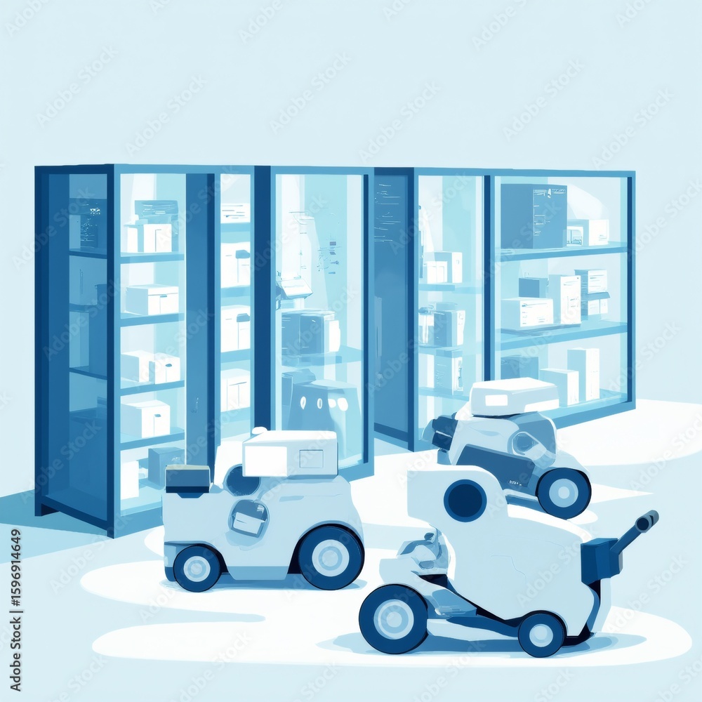 Poster three robots room blue walls floor robots white color sleek modern design arranged triangular format