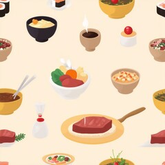 seamless pattern different types japanese food multiple bowls plates food arranged repeating pattern light yellow background bowls different sizes colors including black white beige bowls contain