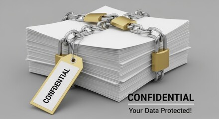 Stack of White Papers Secured with Metal Chain and Golden Padlocks with Confidential Tag data security