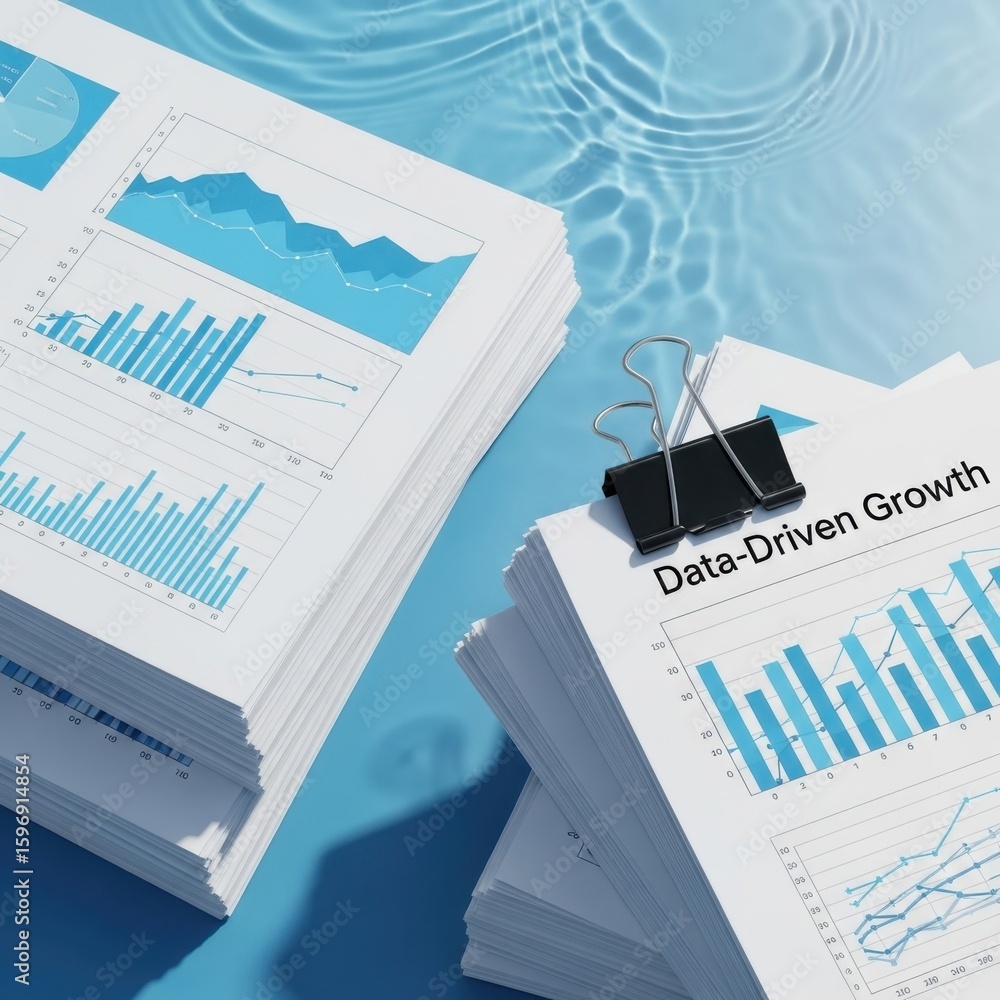 Aufkleber stacks of financial reports with blue graphs and water ripple background data analytics business
