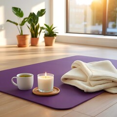 Cozy indoor yoga space with mat and tea