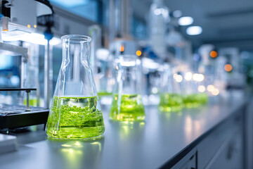 Algae biofuel lab with glowing flasks showcasing renewable energy research