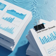 Stacks of Financial Reports with Blue Graphs and Water Ripple Background data analytics business