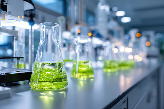 Algae biofuel lab with glowing flasks showcasing renewable energy research