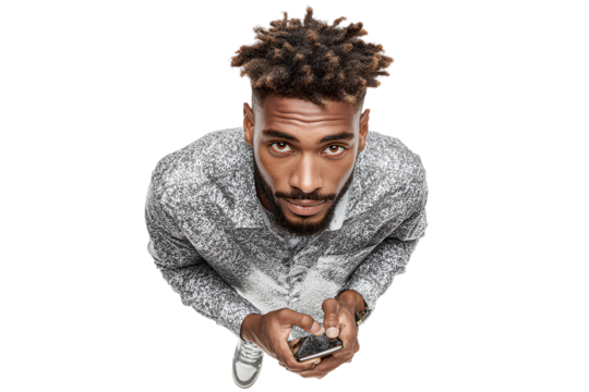 Stylish Young Adult Holding Phone with Both Hands, Looking at Viewer, Slight Downward Angle, Transparent Background - Powered by Adobe