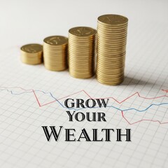 Stacks of gold coins ascend on a financial graph with text Grow Your Wealth stock market investment