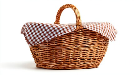Empty woven picnic basket isolated against a white background