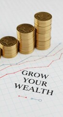 Stacks of gold coins on financial graph with text Grow Your Wealth finance 1