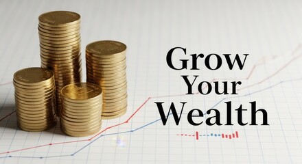 Stacks of gold coins on financial graph with text Grow Your Wealth money finance