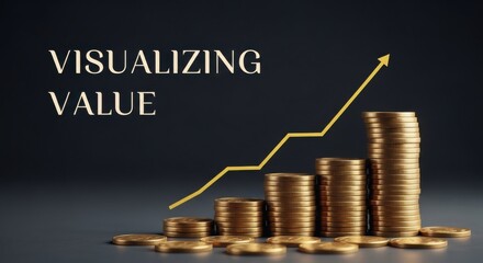 Stacks of gold coins with a rising yellow graph line and text Visualizing Value stacks of coins financial growth