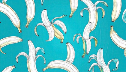 Pop Art Style Banana Peels Sketch Pattern on Teal Background