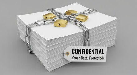 Stack of White Paper Secured with Metal Chain and Golden Padlocks with Confidential Tag security