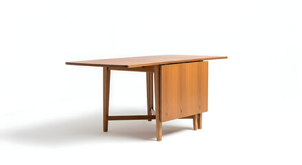 A light brown wooden drop leaf table with one leaf down standing on a white background in a studio shot