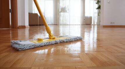 Indoor floor cleaning in progress with a mop on parquet flooring