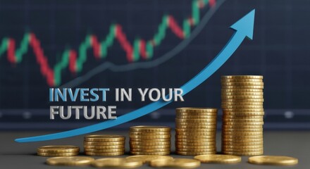 Stacks of gold coins with upward trending blue arrow and stock market graph investment finance