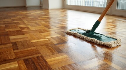 Indoor floor cleaning in progress with a mop on parquet flooring