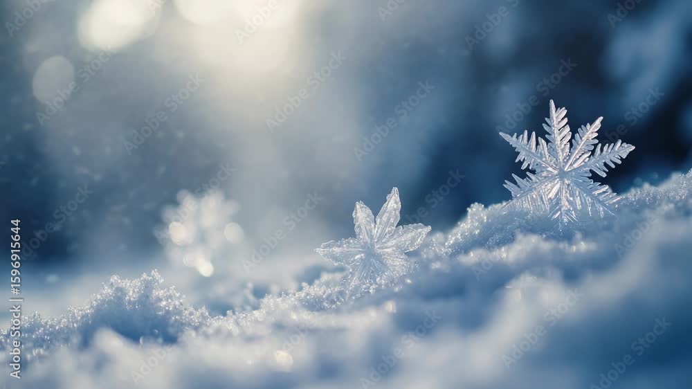 Poster a single snowflake sits on top of a large pile of snow, with intricate details and delicate patterns
