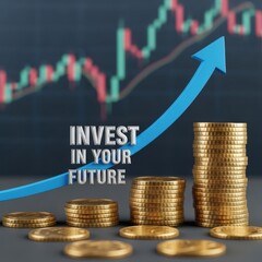 Stacks of gold coins with upward blue arrow and stock market graph background investment finance