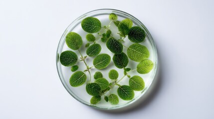 Overhead perspective of a Petri dish containing green leaves on a white backdrop