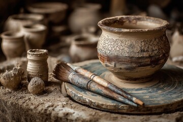Clay pot on potter's wheel, tools and more