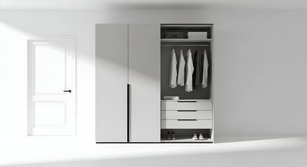 A minimalist white wardrobe with clothes and drawers in a bright room next to a closed white door