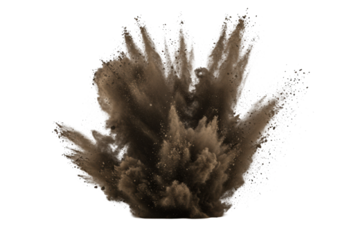 Massive ultra-realistic dark brown earth and rock fragments explode with dust, propelled outwards on a transparent background. Concept of immense force