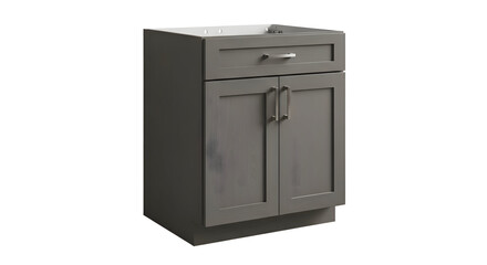 A gray bathroom vanity with two doors and a drawer against a white background in a studio setting