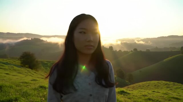 Sunrise over rolling hills, tranquil landscape