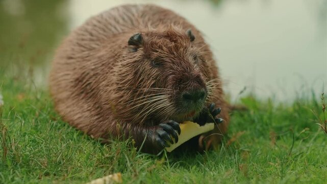 A nutria is calmly seated on lush green grass near a serene water body using its paws to munch on a piece of food illustrating its behavior in a natural setting while enjoying the daylight