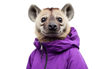 Hyena portrait with human clothing on white background