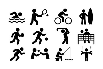 Set of athletic pictograms: swimming, tennis, surfing, cycling, and more activities