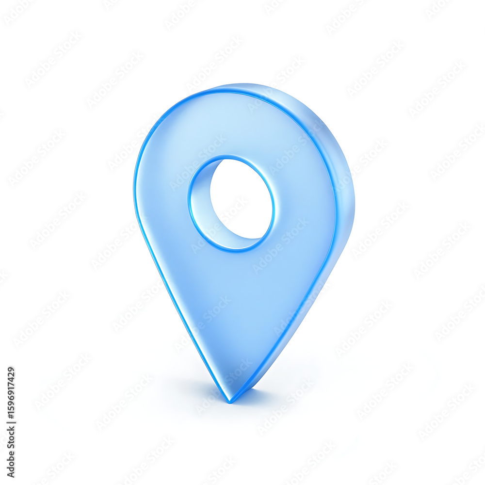 Poster a light blue translucent map pin with a subtle shadow isolated on a plain white background in a stud