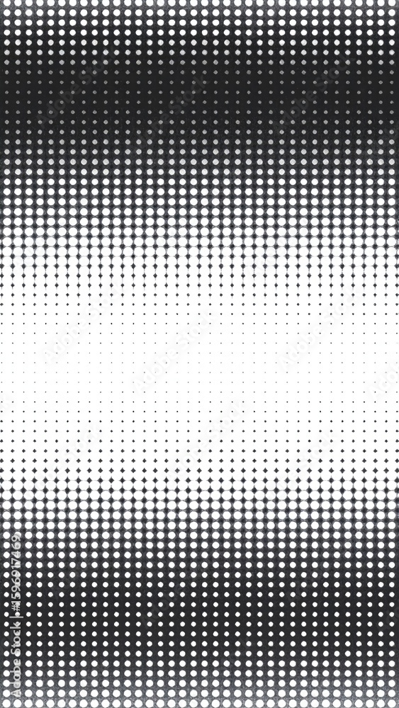 Poster vertical dot matrix halftone gradient with seamless pattern from dark to light in black and white