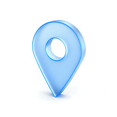 A light blue translucent map pin with a subtle shadow isolated on a plain white background in a studio shot created with generated ai