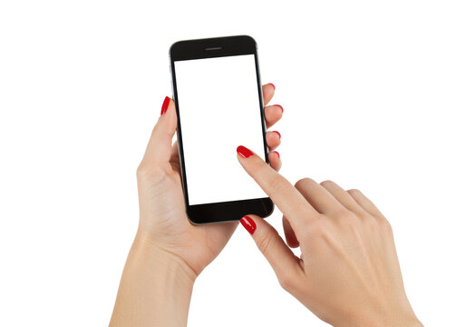 woman's hands with bright red nails hold black smartphone, blank white screen, finger poised to tap, on clean white studio background with copy space, concept for product advertising