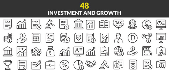Diverse Line Icons Representing Investment and Growth Financial Strategies and Concepts for Wealth Building and Financial Planning