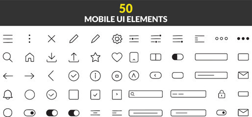 Collection of Mobile UI Elements Fifty Common User Interface Icons for App Design and Development Projects