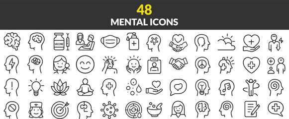 Collection of Mental Health Icons Representing Wellness and Psychological Well being Related to Psychology and Counseling Services Line Art Illustration