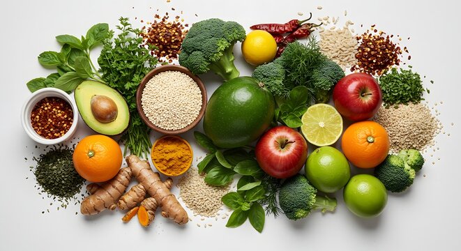 An overhead shot of fresh fruits vegetables herbs spices and grains arranged on a white background