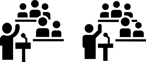 Speaker at podium with audience, a public speaking event in black silhouette