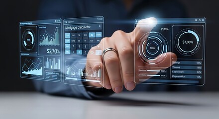 Hand interacting with financial data and mortgage calculator