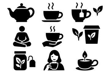Tea icons set: silhouette style with teapot, cups, leaves, and relaxation elements