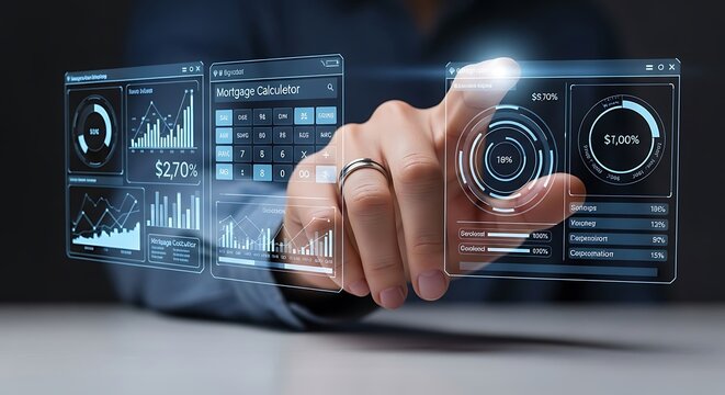 Hand interacting with financial data and mortgage calculator - Powered by Adobe