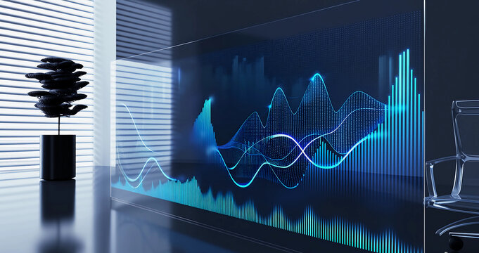 3D abstract data visualization on transparent screen in a minimal modern office setting with blinds, showing glowing waveforms and analytics.
