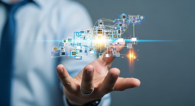 Digital network hologram held in a persons hand - Powered by Adobe