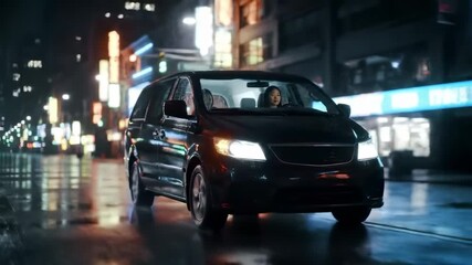 Night city minivan driving rain