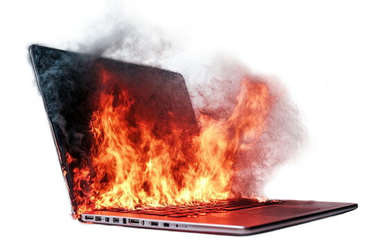 Burning laptop with smoke on white background