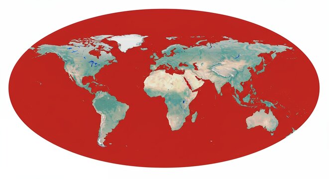 World map illustration on oval red background